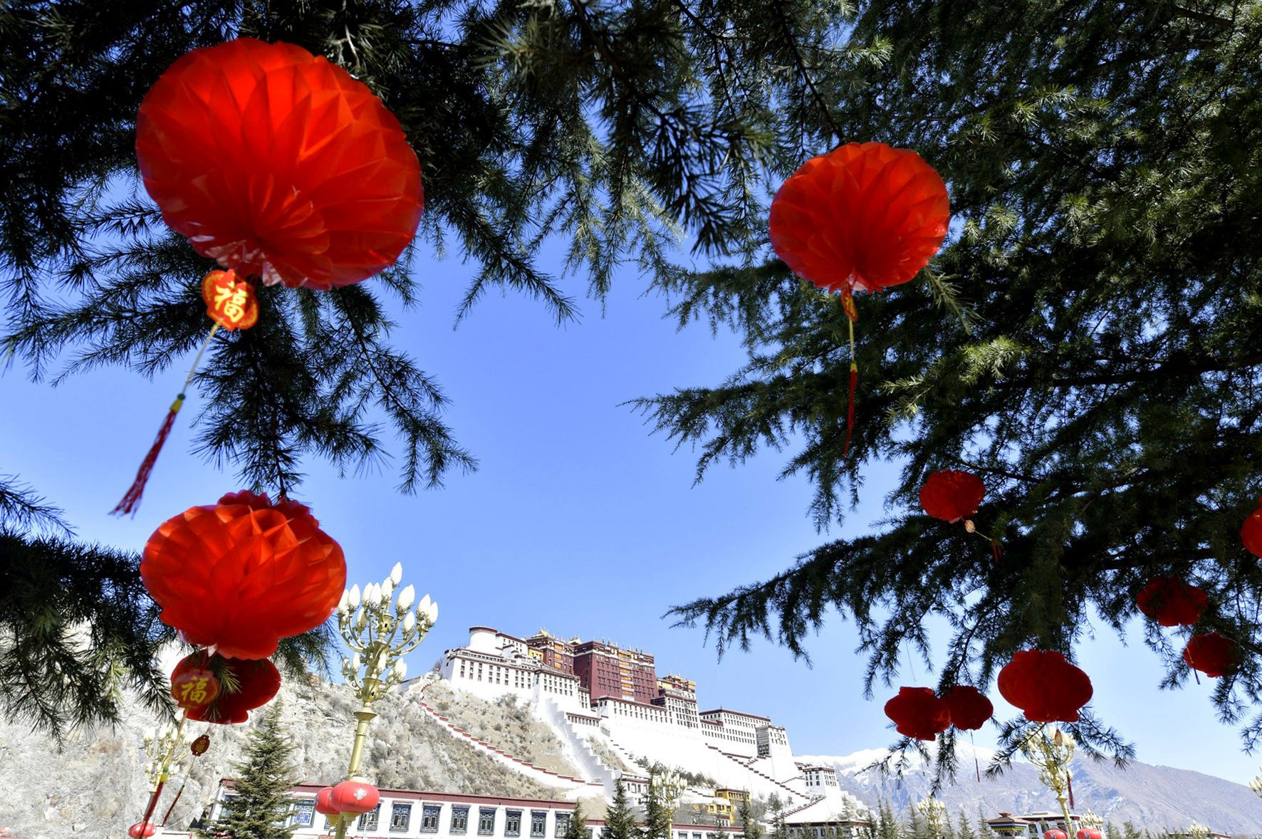 LHASA, CHINA - JANUARY 29: Jokhang Temple is decorated with red lanterns in preparation for the upcoming Tibetan New Yea