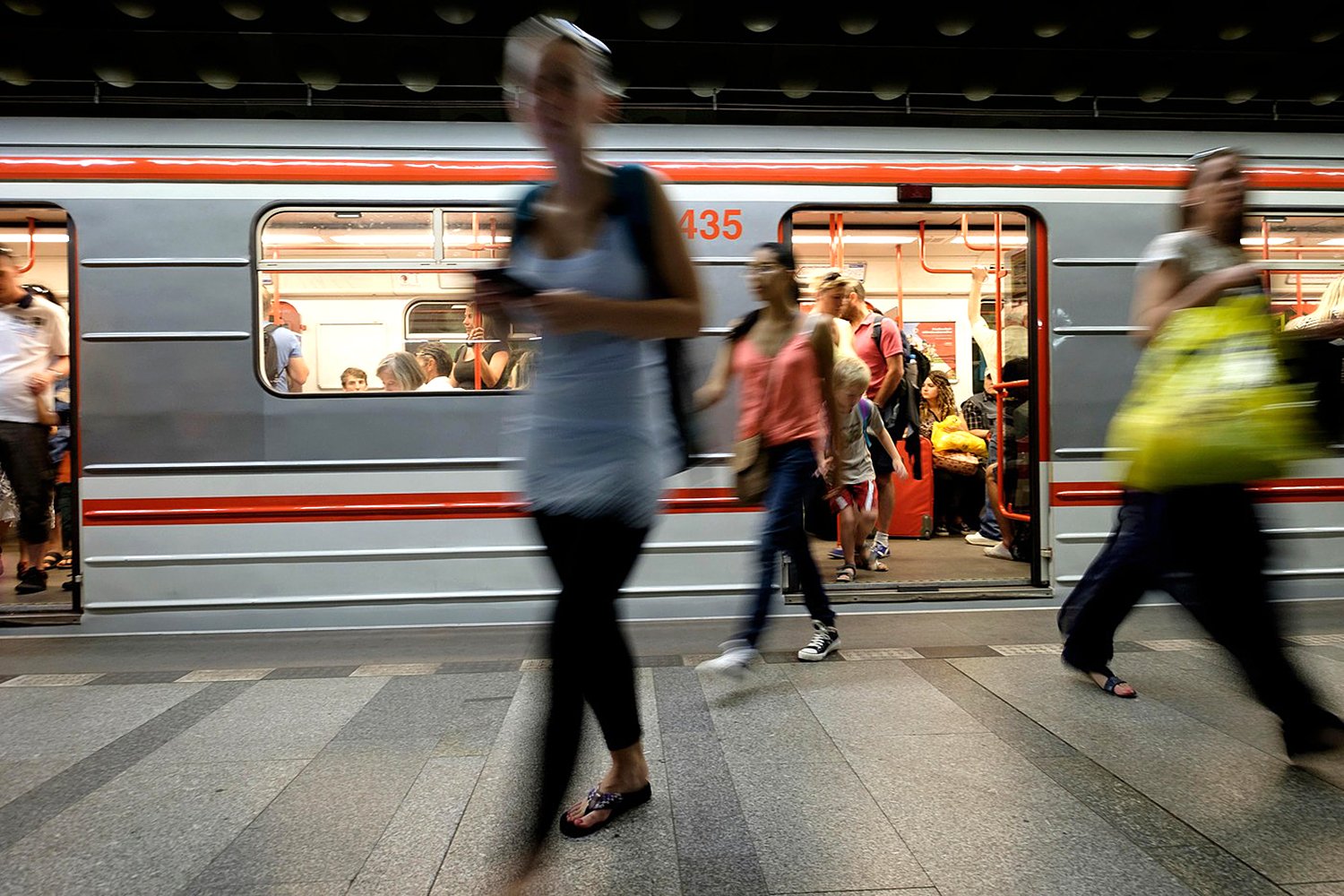 Passengers getting of an underground tube train in Prague, Czech Republic, Eastern Europe
