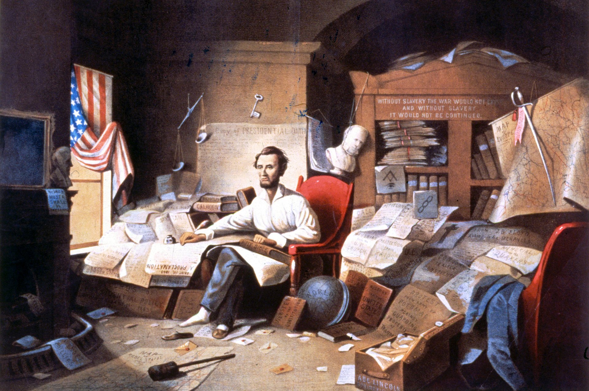 „Raději bych emigroval do země, kde se nepředstírá láska k svobodě – třeba do Ruska." (Abraham Lincoln sepisuje Proklamaci osvobození)